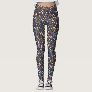 Vintage-style blue color botanical pattern leggin leggings