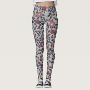 Vintage-style blue color botanical pattern leggin leggings