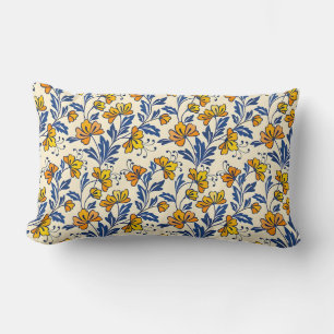 Vintage-style blue color botanical pattern  lumbar cushion