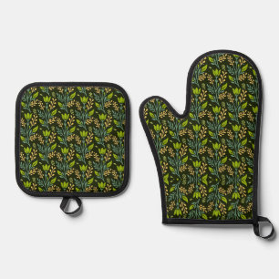 Vintage-style blue color botanical pattern oven m mitt & pot holder set