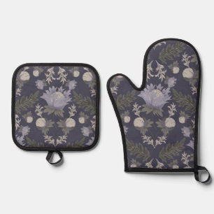 Vintage-style blue color botanical pattern oven m mitt & pot holder set