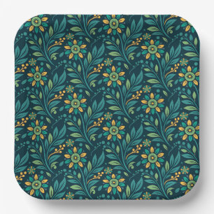 Vintage-style blue color botanical pattern paper plate