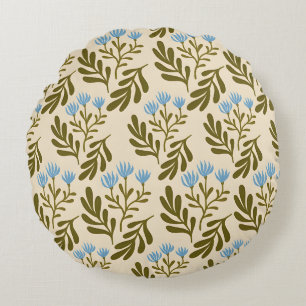 Vintage-style blue color botanical pattern round cushion