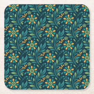 Vintage-style blue color botanical pattern square paper coaster
