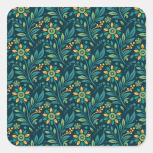 Vintage-style blue color botanical pattern square sticker