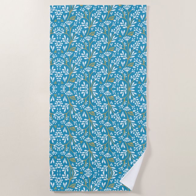 Vintage-style blue colour botanical pattern  beach towel (Front)