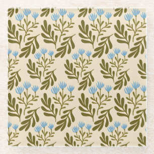 Vintage-style blue colour botanical pattern  glass coaster