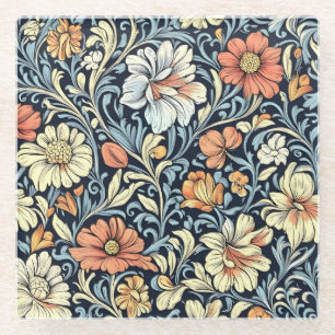 Vintage-style blue colour botanical pattern  glass coaster