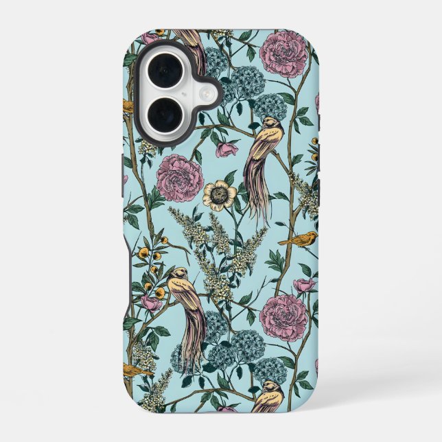 Vintage-style blue colour botanical pattern  iPhone 16 case (Back)