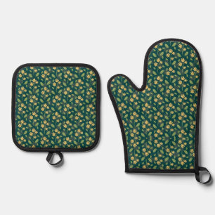Vintage-style blue colour botanical pattern oven mitt & pot holder set