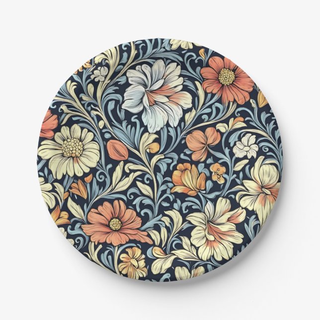 Vintage-style blue colour botanical pattern  paper plate (Front)
