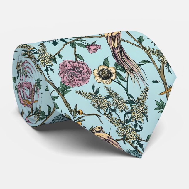 Vintage-style blue colour botanical pattern  tie (Rolled)