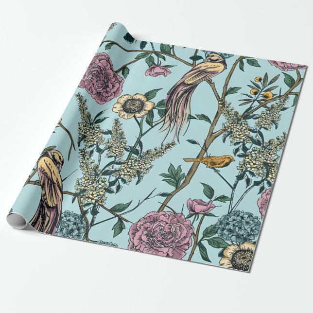 Vintage-style blue colour botanical pattern  wrapping paper (Unrolled)
