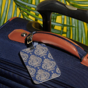vintage style blue & white ornate textile pattern luggage tag