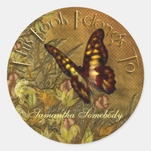 Vintage Style Butterfly Illustration Bookplate Classic Round Sticker