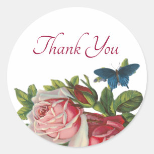 Vintage Style Butterfly Rose Thank You Classic Round Sticker