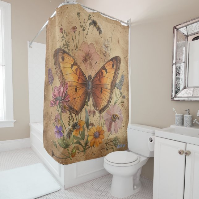 vintage style butterfly wildflowers with bee shower curtain (In Situ)
