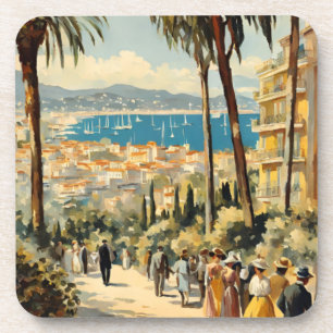 Vintage Style Cannes French Travel Watercolor Coaster