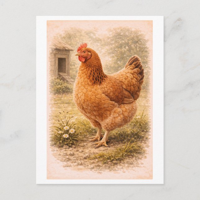 Vintage-Style Chicken Illustration Postcard (Front)