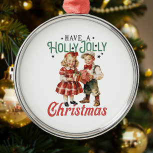 Vintage Style Christmas Children Holly Jolly Metal Tree Decoration