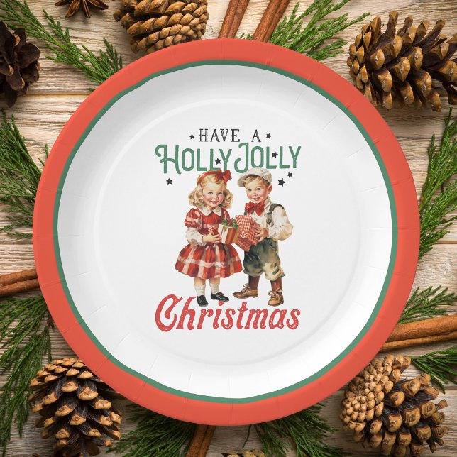 Vintage Style Christmas Children Holly Jolly Paper Plate (Creator Uploaded)