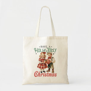 Vintage Style Christmas Children Holly Jolly Tote Bag