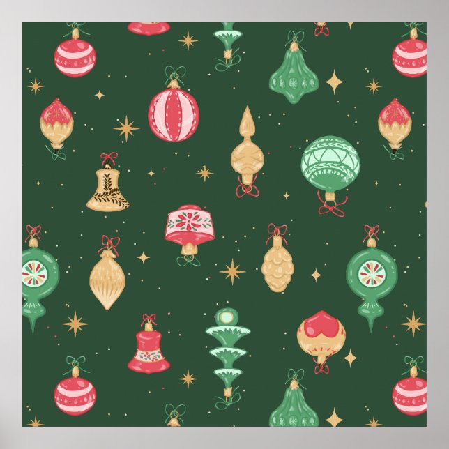 Vintage Style Christmas Ornament Pattern - Green Poster (Front)