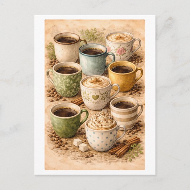Vintage-Style Collage of Coffee Mugs Postcard (Front)