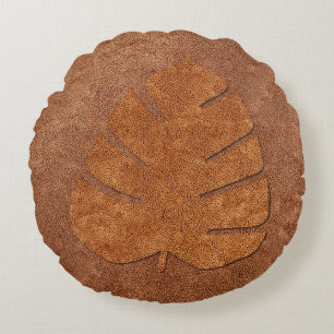Vintage Style Copper Light Textured Leaf Round Cushion