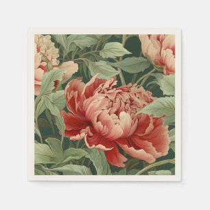 Vintage-Style Coral & Blush Peony Garden Patterned Napkin