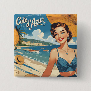 Vintage Style Cote D'Azur Beach Girl 15 Cm Square Badge