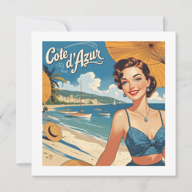 Vintage Style Cote D'Azur Beach Girl Card (Front)