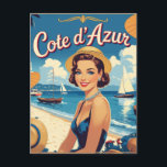 Vintage Style Cote D'Azur Beach Girl Holiday Postcard<br><div class="desc">Vintage French and European Travel Advertisements - Beach,  village,  people,  blue sea and sky illustration</div>
