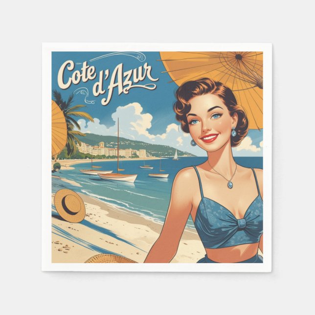Vintage Style Cote D'Azur Beach Girl Napkin (Front)
