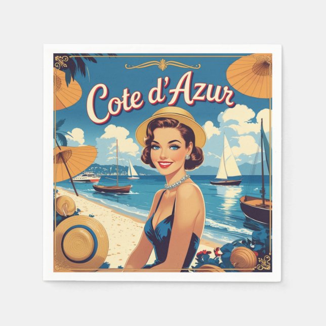 Vintage Style Cote D'Azur Beach Girl Napkin (Front)
