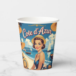 Vintage Style Cote D'Azur Beach Girl Paper Cups