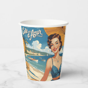 Vintage Style Cote D'Azur Beach Girl Paper Cups