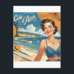 Vintage Style Cote D'Azur Beach Girl Postcard<br><div class="desc">Vintage French and European Travel Advertisements - Beach,  village,  people,  blue sea and sky illustration</div>