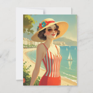 Vintage Style Cote D'Azur Beach Girl Postcard