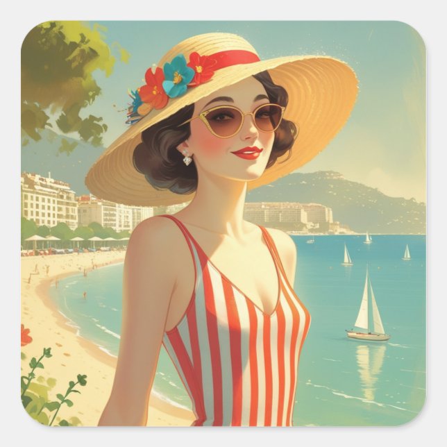 Vintage Style Cote D'Azur Beach Girl Square Sticker (Front)