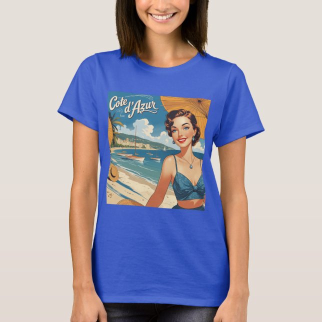 Vintage Style Cote D'Azur Beach Girl T-Shirt (Front)