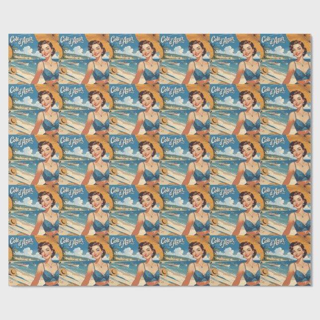 Vintage Style Cote D'Azur Beach Girl Wrapping Paper (Flat)