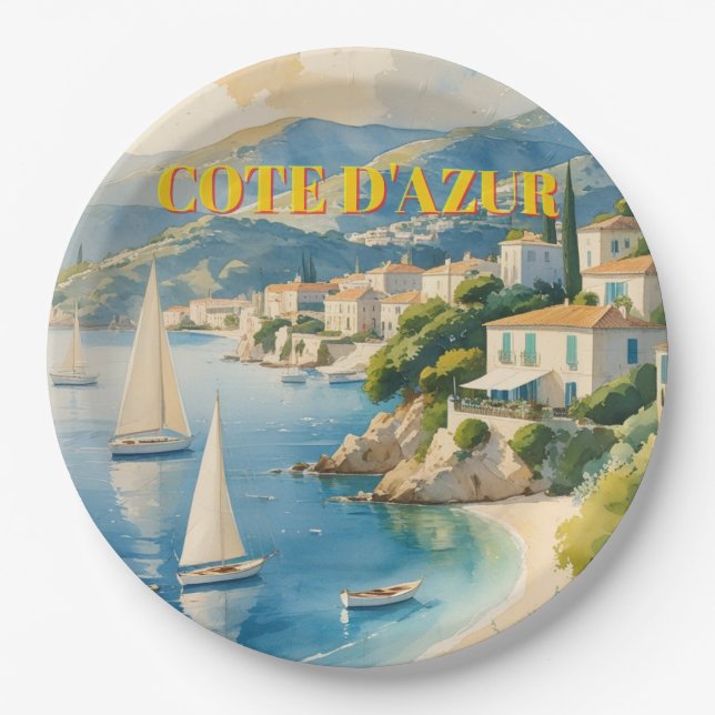 Vintage Style Cote D'Azur French Travel  Paper Plate (Front)