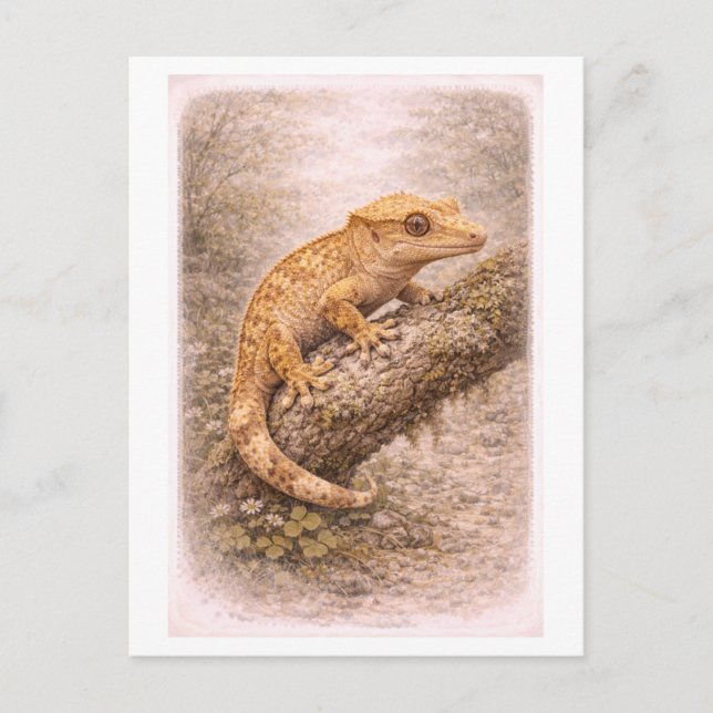 Vintage-Style Crested Gecko Illustration Postcard (Front)