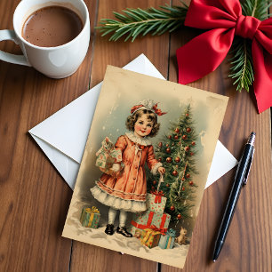 Vintage Style Cute Girl with Gifts Christmas Card