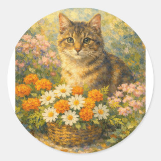 Vintage Style Cute Kitten in Flower Garden T-Shirt Classic Round Sticker