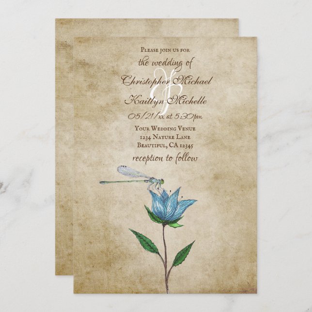 Vintage Style Dragonfly and Blue Flower Wedding Invitation (Front/Back)