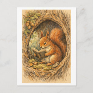 Vintage-Style Drawing of Squirrel Reading in Tree Postcard