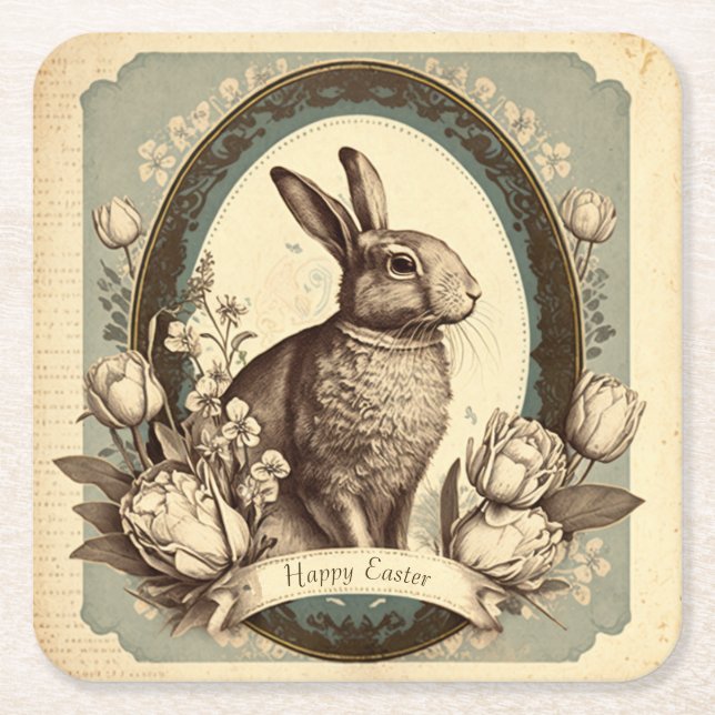 Vintage Style Easter Spring Bunny Paper Coasters (Front)