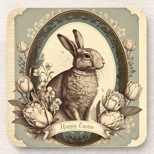 Vintage Style Easter Spring Bunny Plasic Coasters (Front)